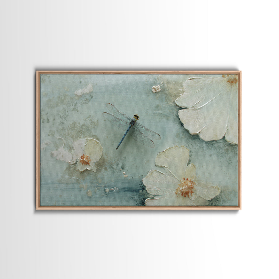 Delicate Dragonfly Above a Pond Surface Canvas Print, Bathroom Art, Room Decor, Bathroom Decor, Oil Painting, Spa, BAT-3x2-4
