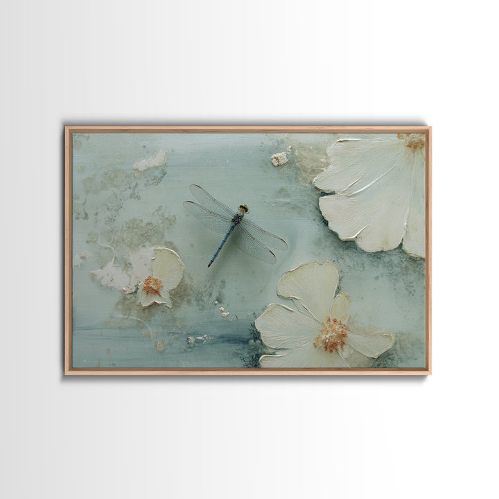 Delicate Dragonfly Above a Pond Surface Canvas Print, Bathroom Art, Room Decor, Bathroom Decor, Oil Painting, Spa, BAT-3x2-4