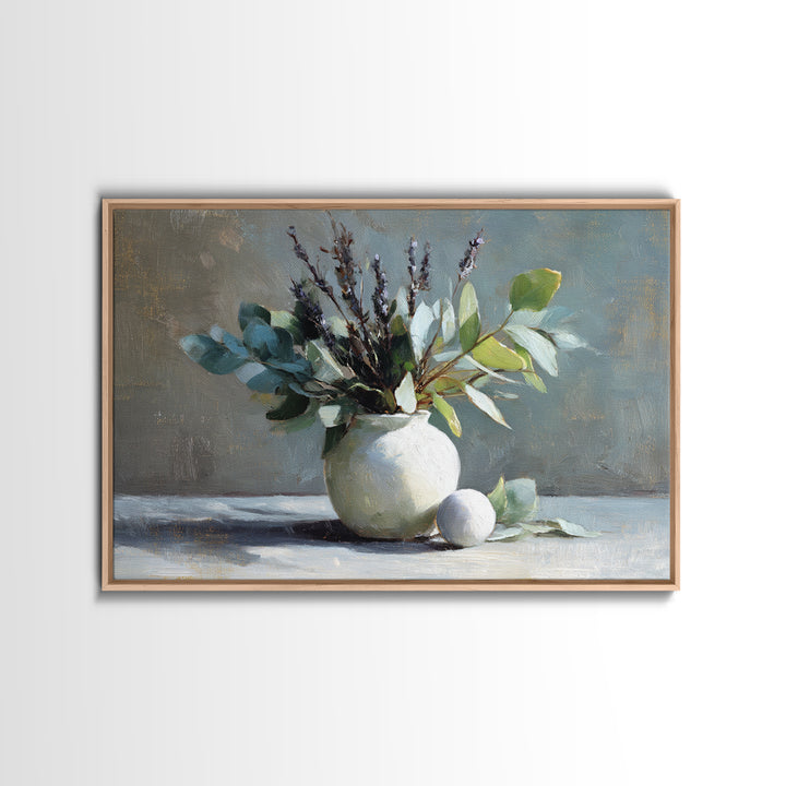 Lavender Sprigs in a Ceramic Vase Framed Canvas Print, Bathroom Art, Bathroom Decor, Oil Painting, Spa, Bathroom Accessories, BAT-3x2-40