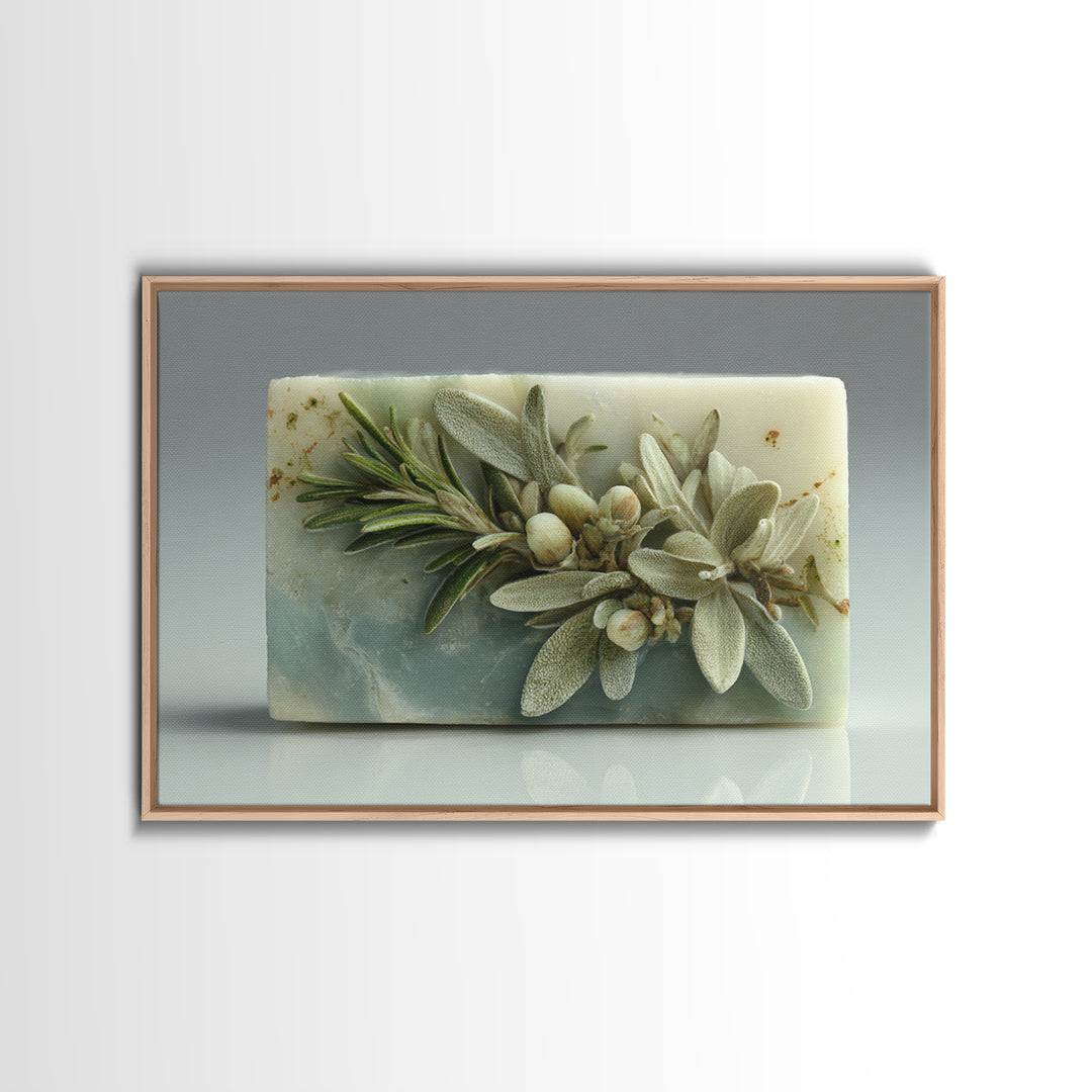Botanical Bath Herb Arrangement Framed Canvas Print, Bathroom Art, Dopamine Decor, Bathroom Decor, Fine Art, Spa, Halloween Art, BAT-3x2-45