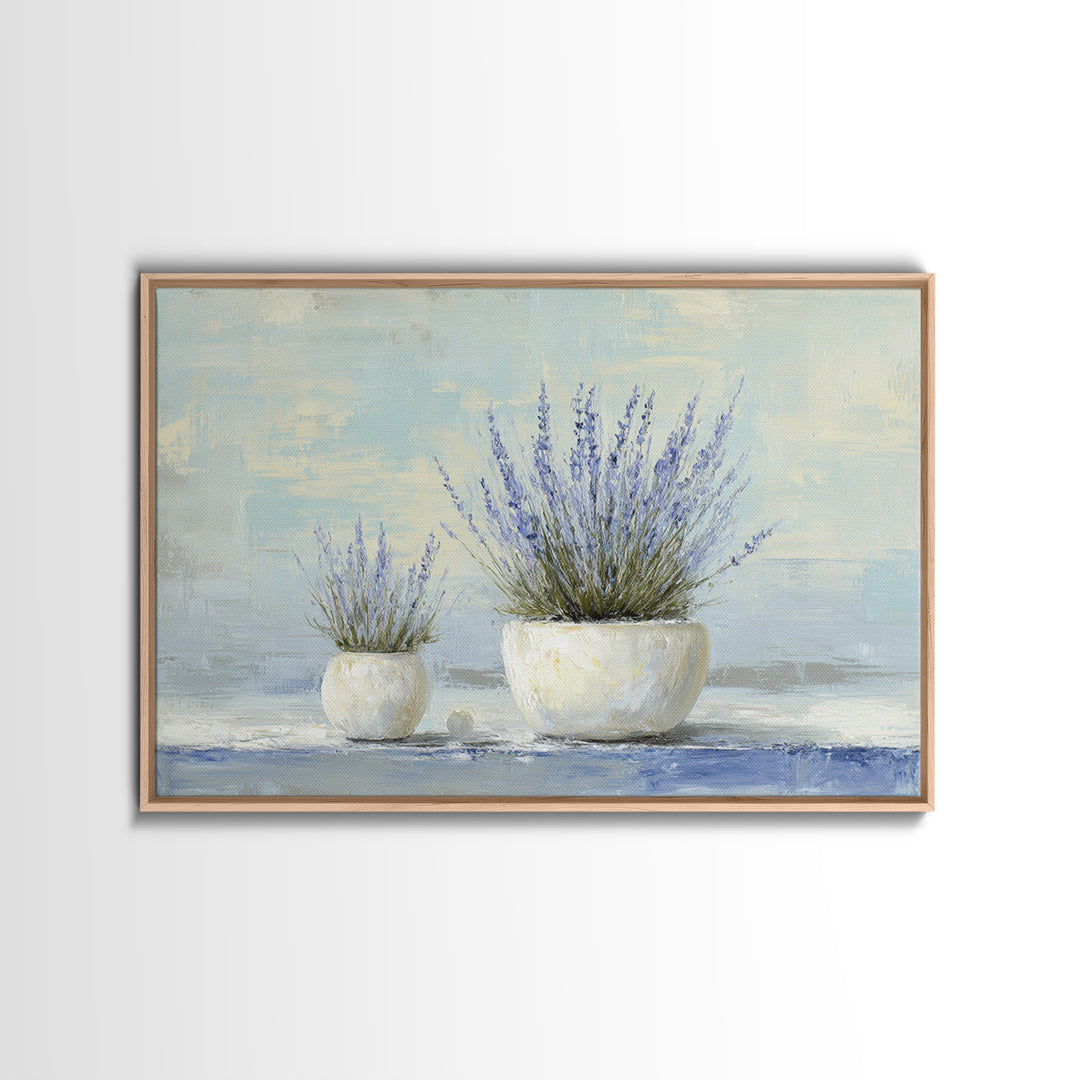 Lavender Sprigs in a Ceramic Vase Framed Canvas Print, Bathroom Art, Retro Wall Art, Bathroom Decor, Abstract Art, Spa, BAT-3x2-64