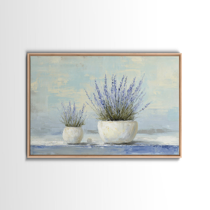 Lavender Sprigs in a Ceramic Vase Framed Canvas Print, Bathroom Art, Retro Wall Art, Bathroom Decor, Abstract Art, Spa, BAT-3x2-64