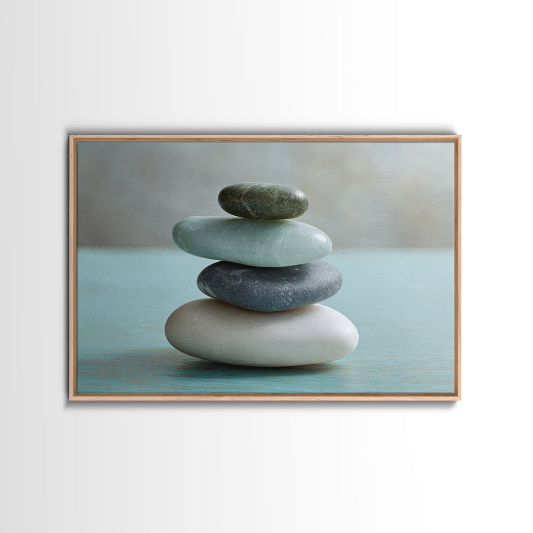 Monochrome Pebble Stack Framed Canvas Print, Bathroom Art, Bathroom Decor, Watercolor Art, Spa, Funny Bathroom Art, BAT-3x2-65
