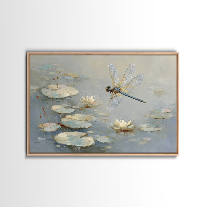 Delicate Dragonfly Above a Pond Surface Canvas Print, Bathroom Art, Unique Wall Art, Bathroom Decor, Spa, Gallery Decor, BAT-3x2-76
