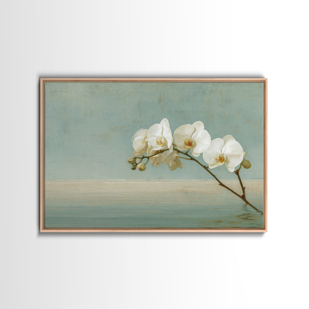White Orchid on Warm Stone Background Framed Canvas Print, Bathroom Art, Poster, Bathroom Decor, Oil Painting, Spa, BAT-3x2-8