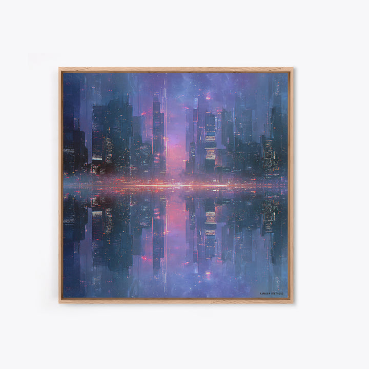 Monochrome City Skyline Reflected Framed Canvas Print, Black and White Art, Living Room Decor, Abstract Art, Monochrome, BAW-1x1-11