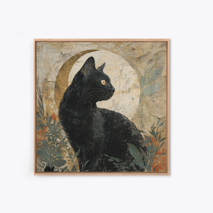 Black Cat Silhouette Framed Canvas Print, Black and White Art, Abstract Art, Living Room Decor, Watercolor Art, Monochrome, BAW-1x1-16