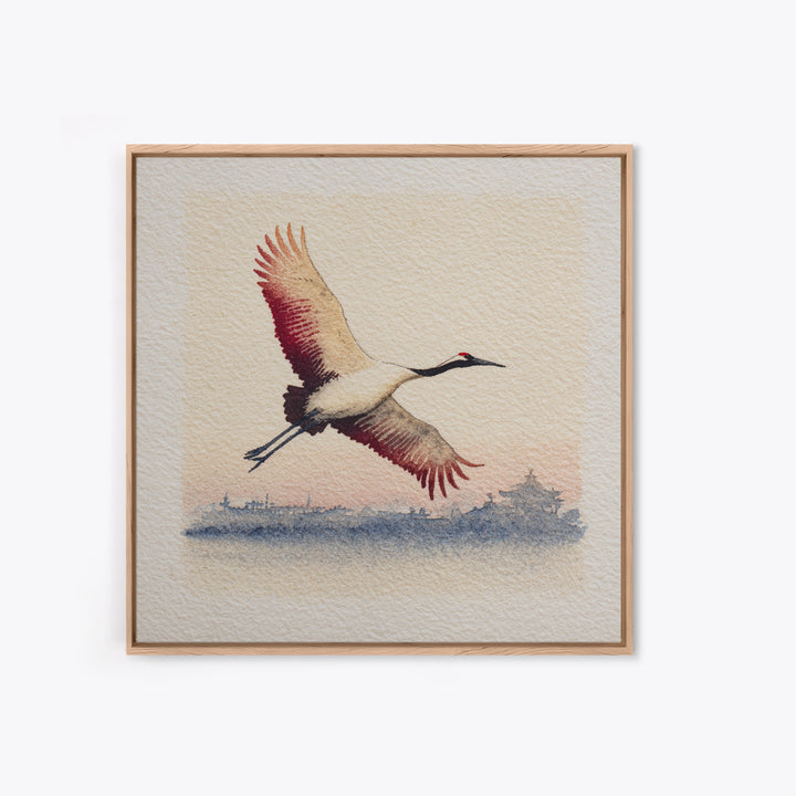 Black Ink Crane Flying Across Empty Sky Canvas Print, Black and White Art, Boho Decor, Living Room Decor, Monochrome, BAW-1x1-37