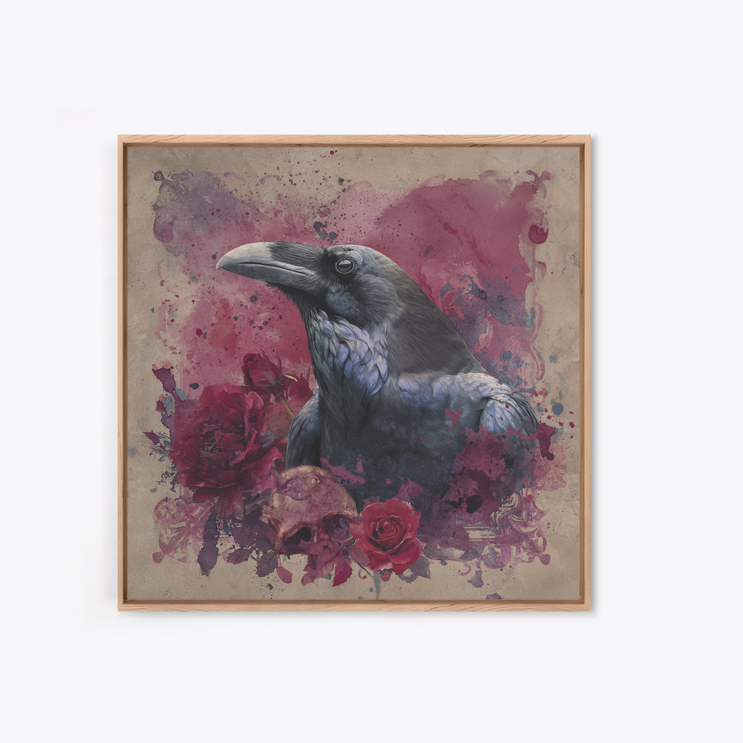 Ink Splatter Raven Composition Framed Canvas Print, Black and White Art, Printable Wall Art, Living Room Decor, Monochrome, BAW-1x1-44