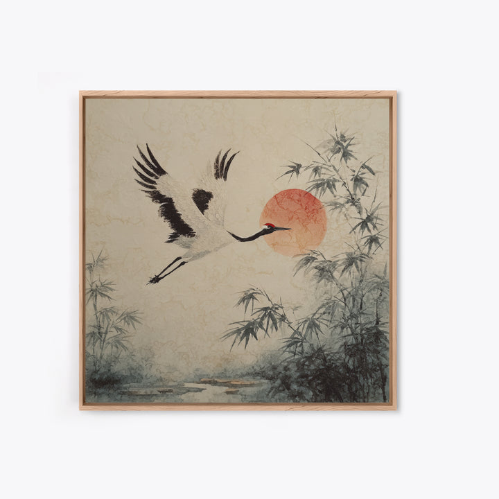 Black Ink Crane Flying Across Empty Sky Canvas Print, Black and White Art, Boho Decor, Living Room Decor, Monochrome, BAW-1x1-61