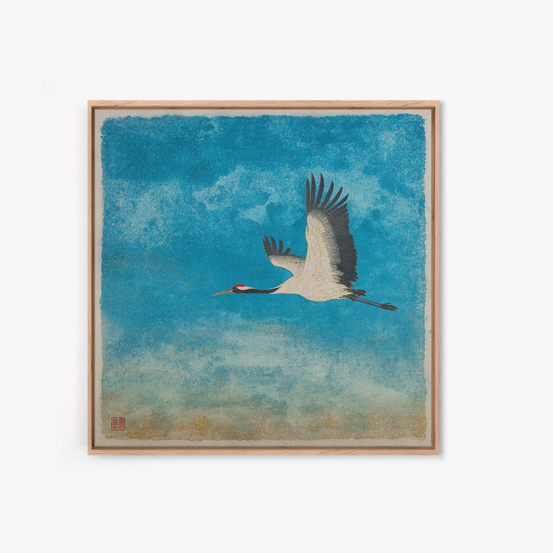 Black Ink Crane Flying Across Empty Sky Canvas Print, Black and White Art, Minimalist Decor, Living Room Decor, Monochrome, BAW-1x1-85
