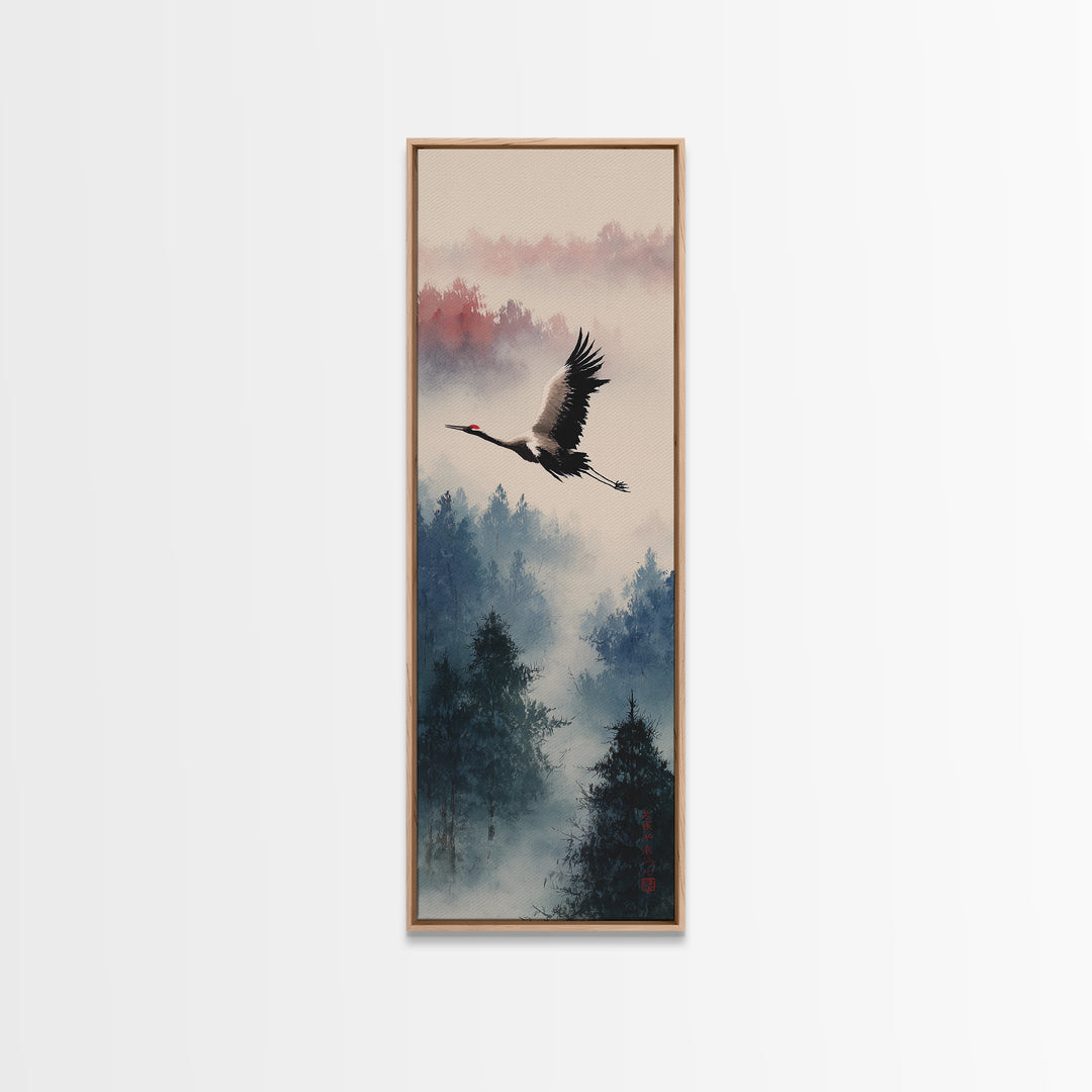 Black Ink Crane Flying Across Empty Sky Canvas Print, Black and White Art, Printable, Living Room Decor, Fine Art, Monochrome, BAW-1x3-25