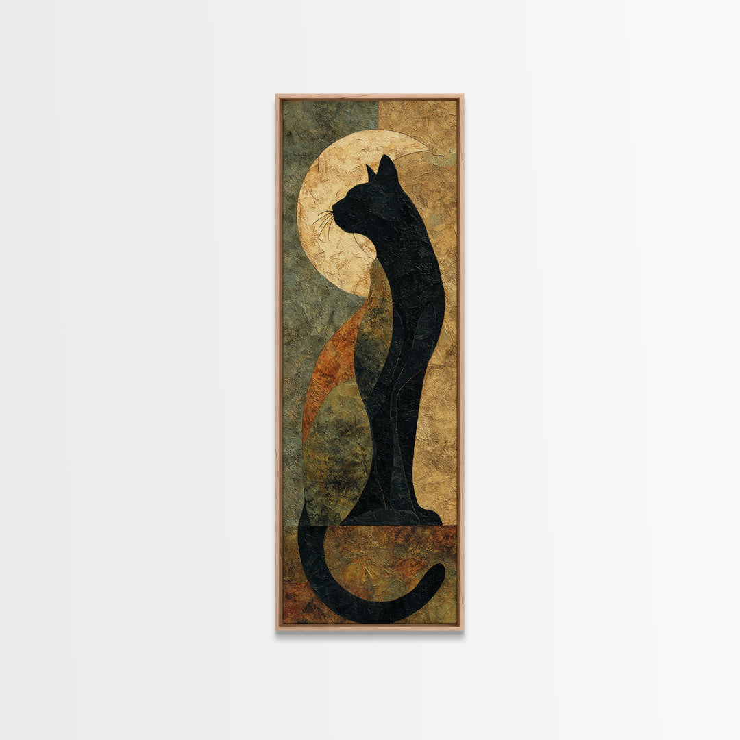 Black Cat Silhouette Canvas Print, Black and White Art, Digital Prints, Living Room Decor, Fine Art, Monochrome, Wood Wall Art, BAW-1x3-28