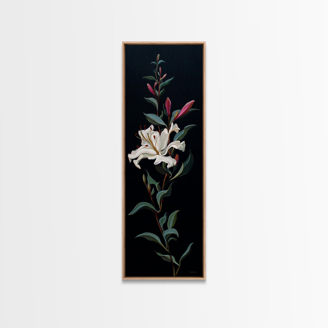White Flower on Deep Black Background Canvas Print, Black and White Art, Digital Art, Living Room Decor, Watercolor Art, BAW-1x3-48