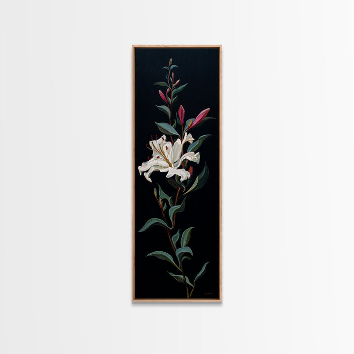 White Flower on Deep Black Background Canvas Print, Black and White Art, Digital Art, Living Room Decor, Watercolor Art, BAW-1x3-48