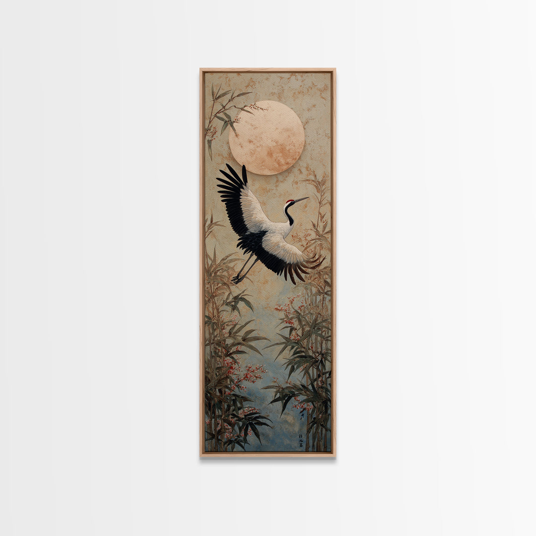 Black Ink Crane Flying Across Empty Sky Canvas Print, Black and White Art, Modern Decor, Living Room Decor, Monochrome, BAW-1x3-49