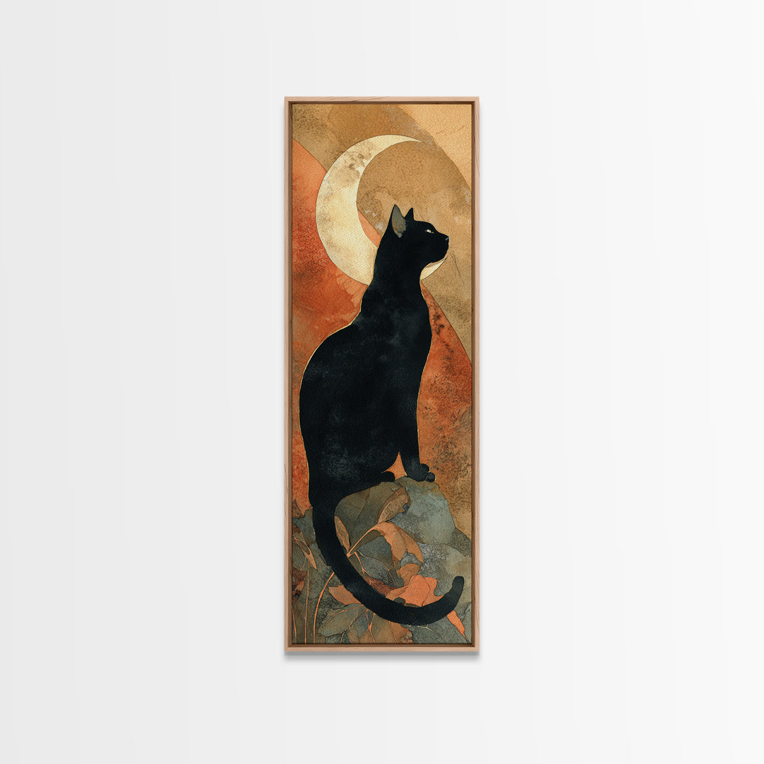 Black Cat Silhouette Framed Canvas Print, Black and White Art, Modern Wall Art, Living Room Decor, Oil Painting, Monochrome, BAW-1x3-76