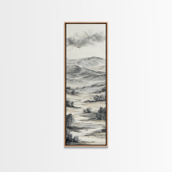 Black Ink Mountain Range Canvas Print, Black and White Art, Contemporary Art, Living Room Decor, Fine Art, Monochrome, BAW-1x3-86