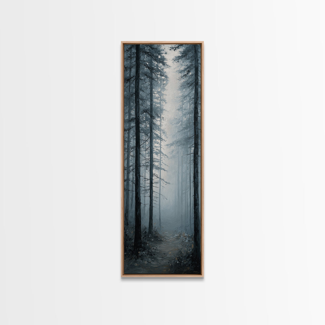 Moody Foggy Forest Framed Canvas Print, Black and White Art, Boho Decor, Living Room Decor, Monochrome, Halloween Decor, BAW-1x3-91