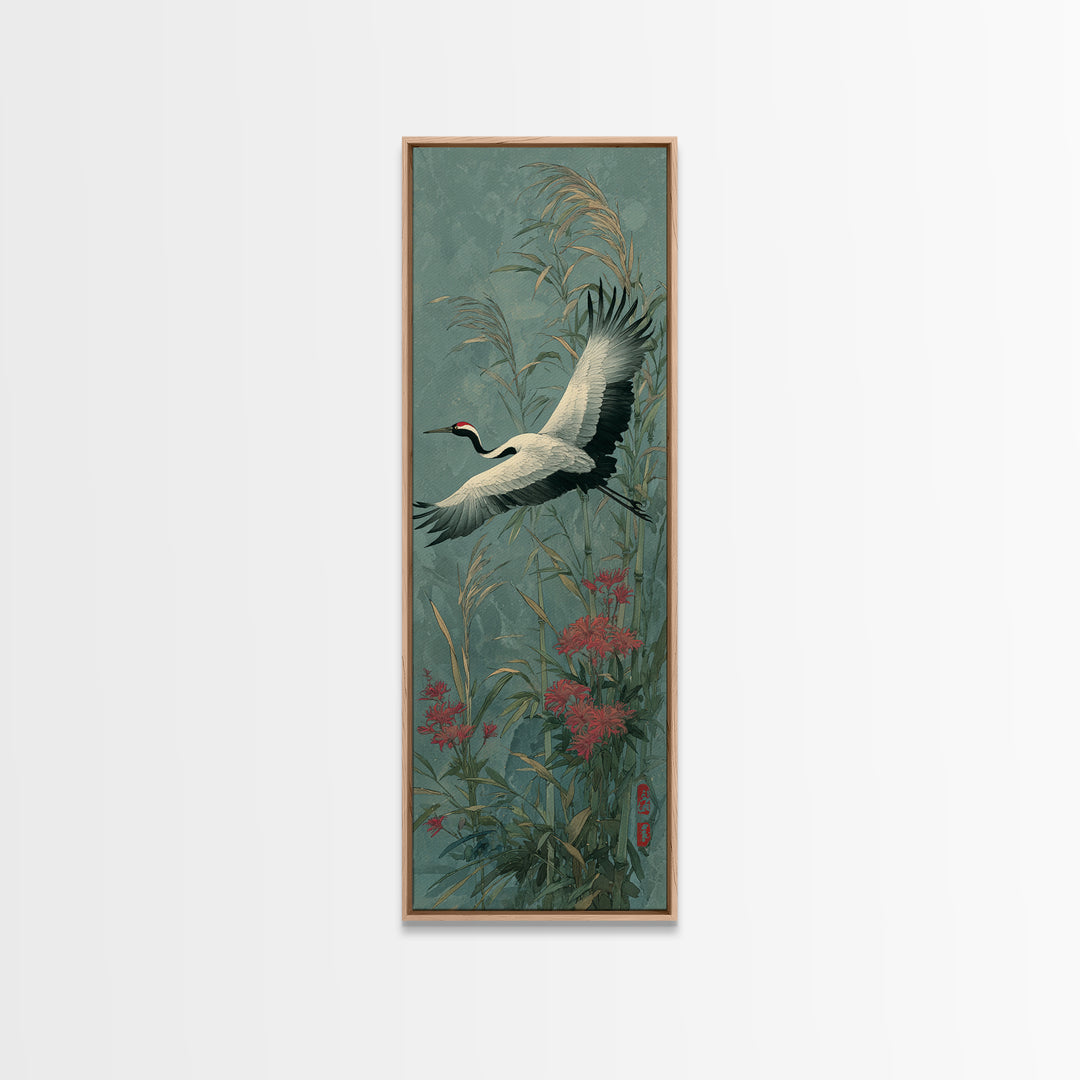 Black Ink Crane Flying Across Empty Sky Canvas Print, Black and White Art, Boho Decor, Living Room Decor, Oil Painting, BAW-1x3-97