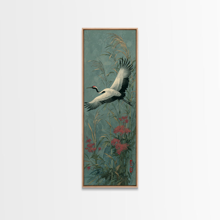 Black Ink Crane Flying Across Empty Sky Canvas Print, Black and White Art, Boho Decor, Living Room Decor, Oil Painting, BAW-1x3-97