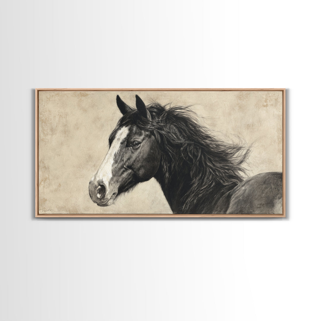 Black and White Wild Horse Portrait Framed Canvas Print, Black and White Art, Art Print, Living Room Decor, Monochrome, BAW-2x1-1