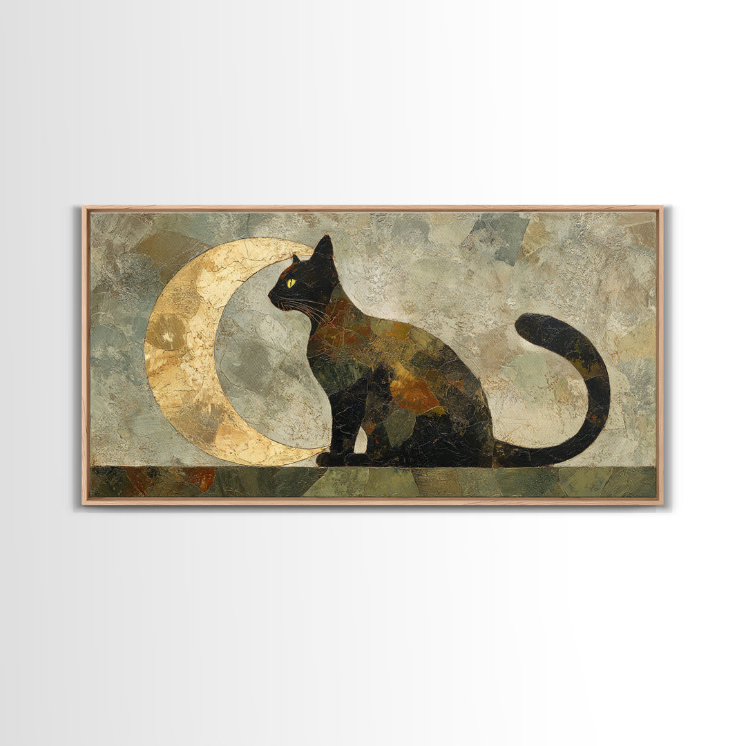 Black Cat Silhouette Framed Canvas Print, Black and White Art, Room Decor, Living Room Decor, Fine Art, Monochrome, Art Print, BAW-2x1-12