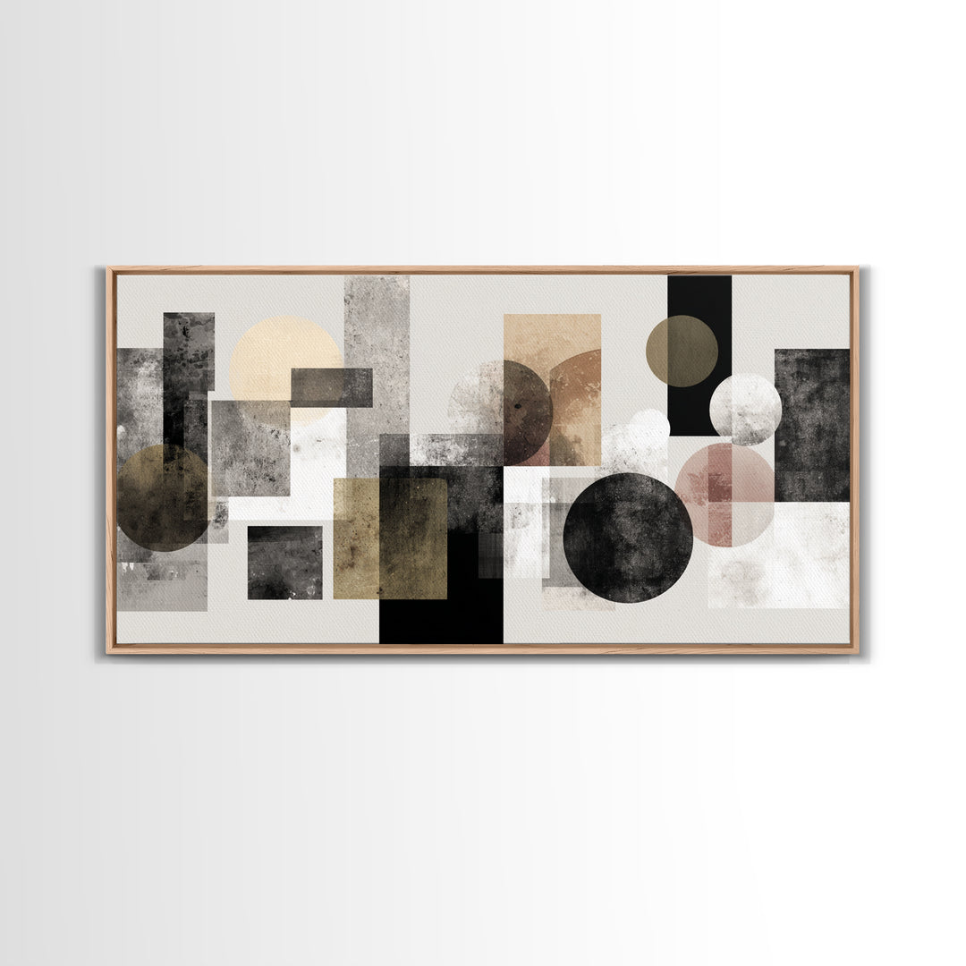 Geometric Bauhaus Grayscale Shapes Framed Canvas Print, Black and White Art, Luxury Decor, Living Room Decor, Abstract Art, BAW-2x1-14
