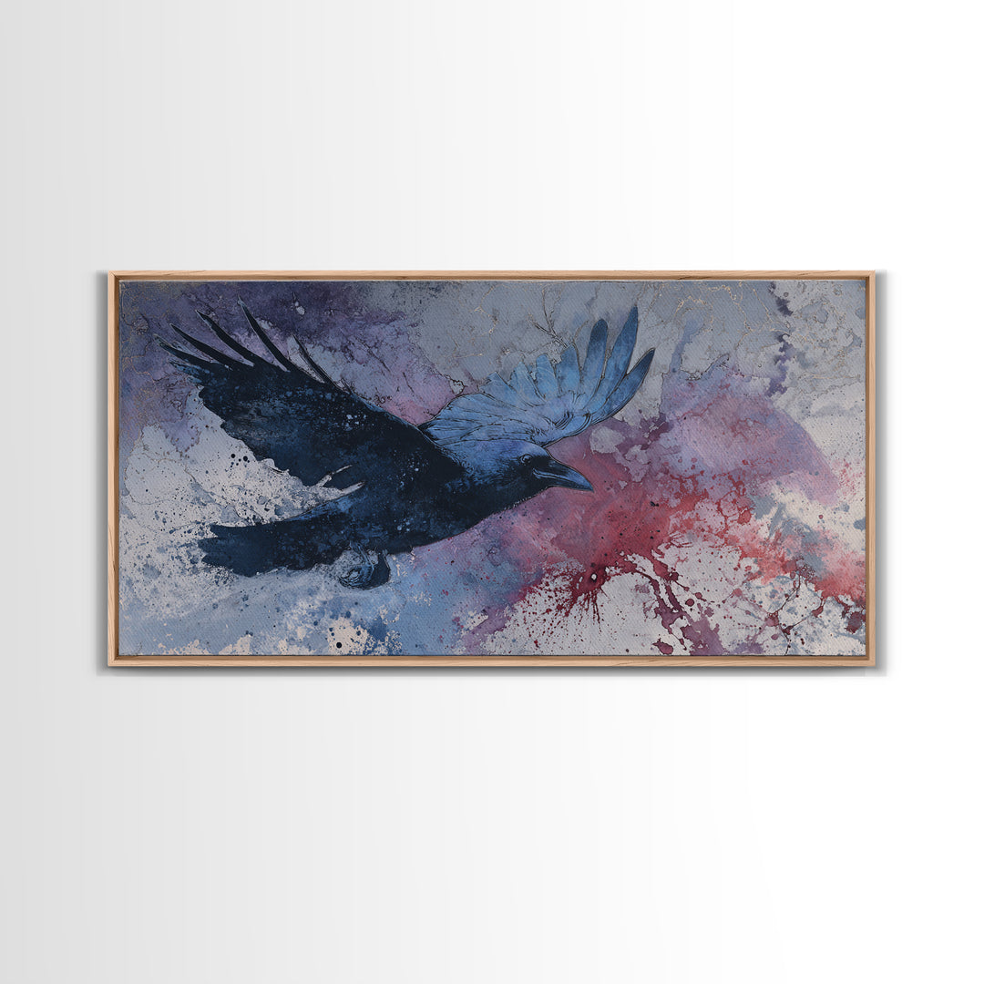 Ink Splatter Raven Composition Framed Canvas Print, Black and White Art, Fine Art Print, Living Room Decor, Monochrome, BAW-2x1-16