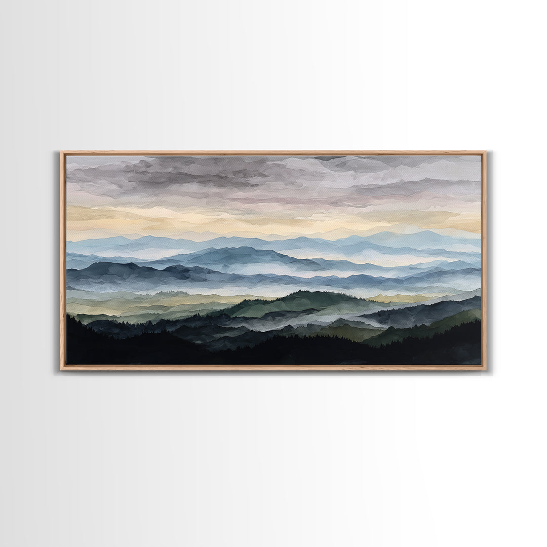 Black Ink Mountain Range Canvas Print, Black and White Art, Textured Painting, Living Room Decor, Watercolor Art, Monochrome, BAW-2x1-22