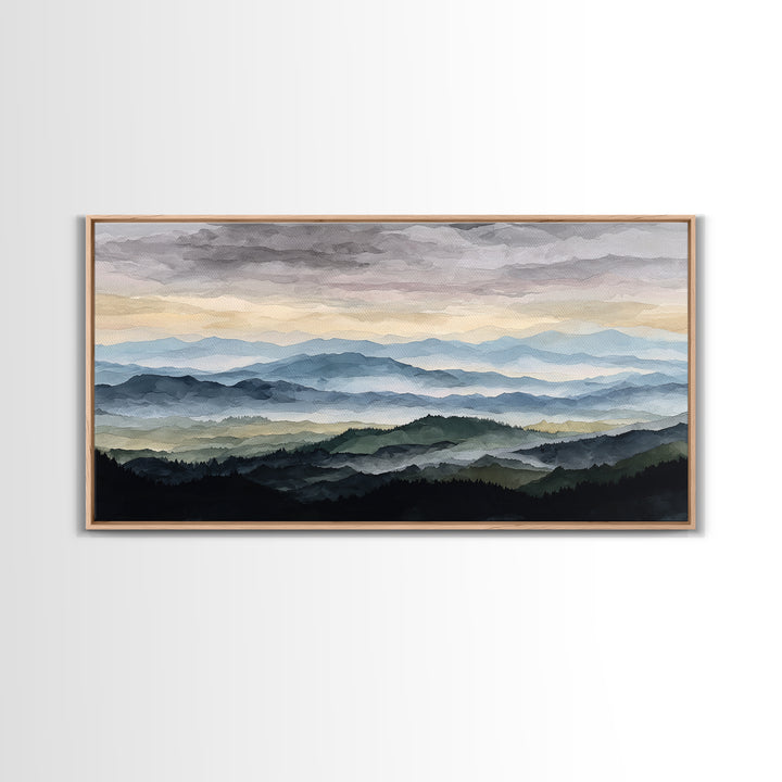 Black Ink Mountain Range Canvas Print, Black and White Art, Textured Painting, Living Room Decor, Watercolor Art, Monochrome, BAW-2x1-22