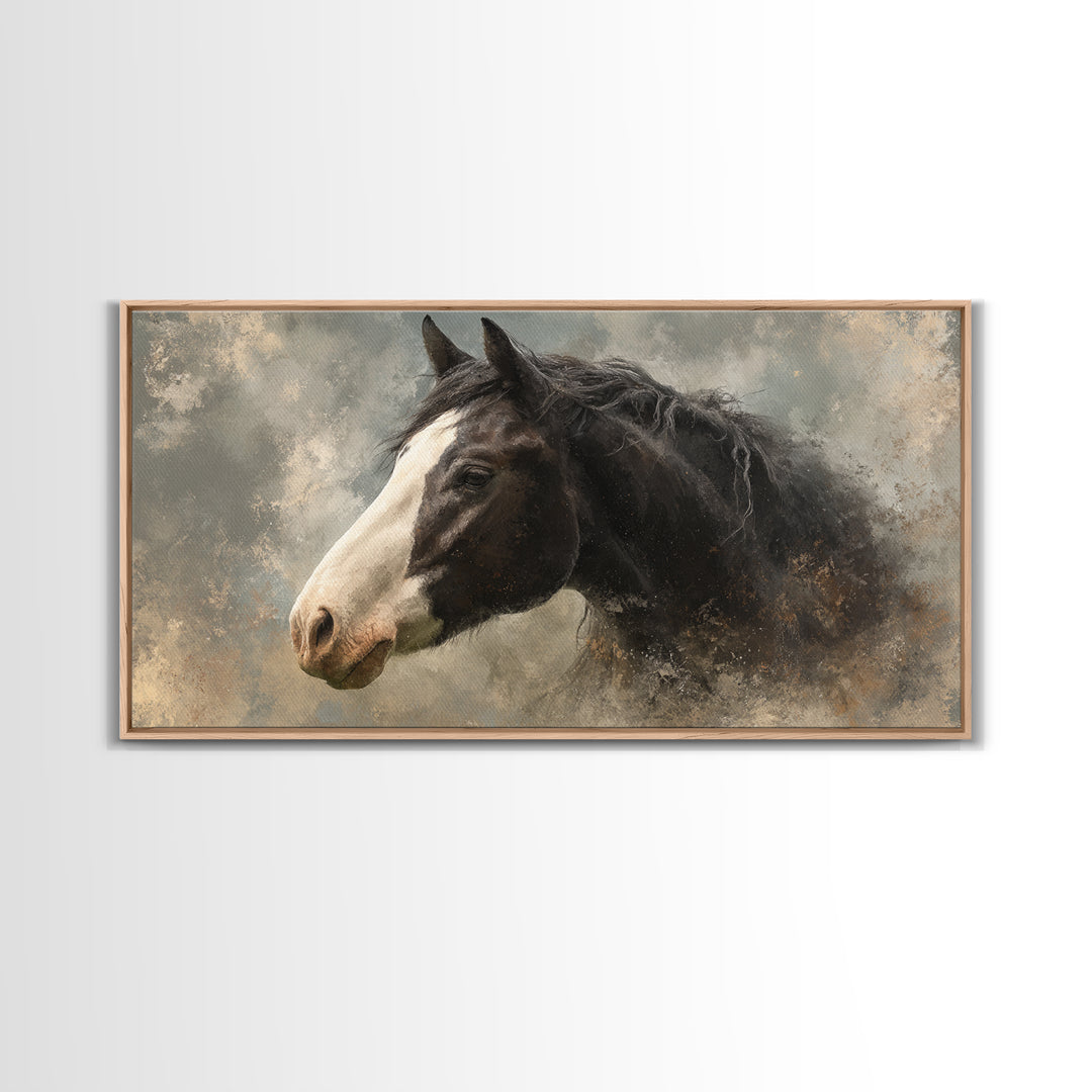 Black and White Wild Horse Portrait Framed Canvas Print, Black and White Art, Art Print, Living Room Decor, Monochrome, BAW-2x1-25