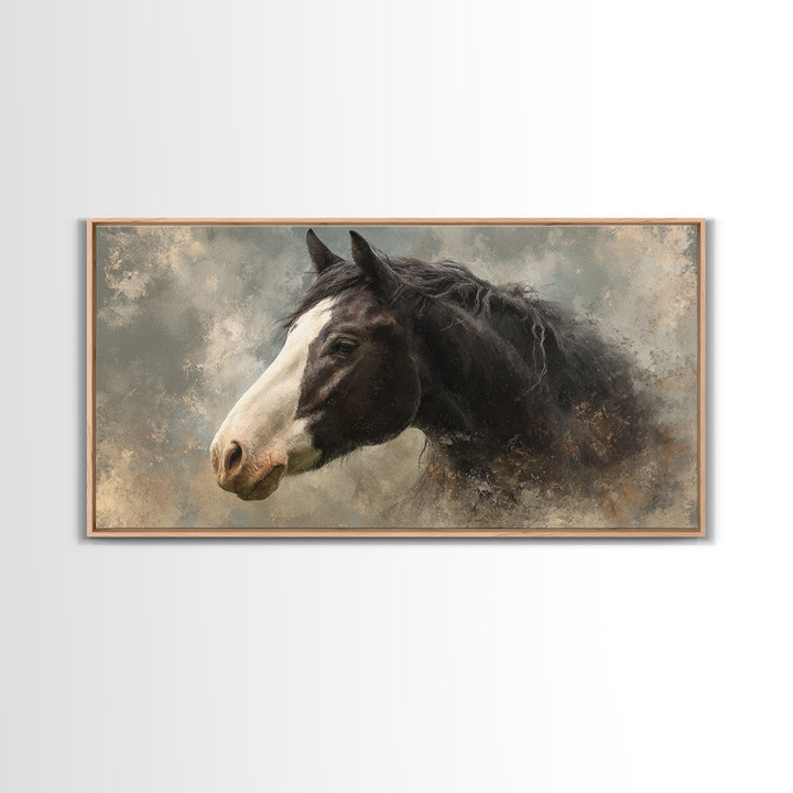 Black and White Wild Horse Portrait Framed Canvas Print, Black and White Art, Art Print, Living Room Decor, Monochrome, BAW-2x1-25