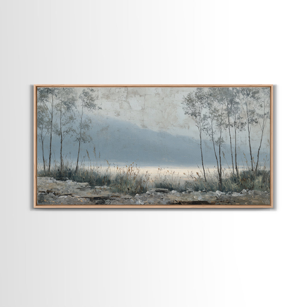 Moody Foggy Forest Framed Canvas Print, Black and White Art, Boho Decor, Living Room Decor, Monochrome, Halloween Decor, BAW-2x1-27