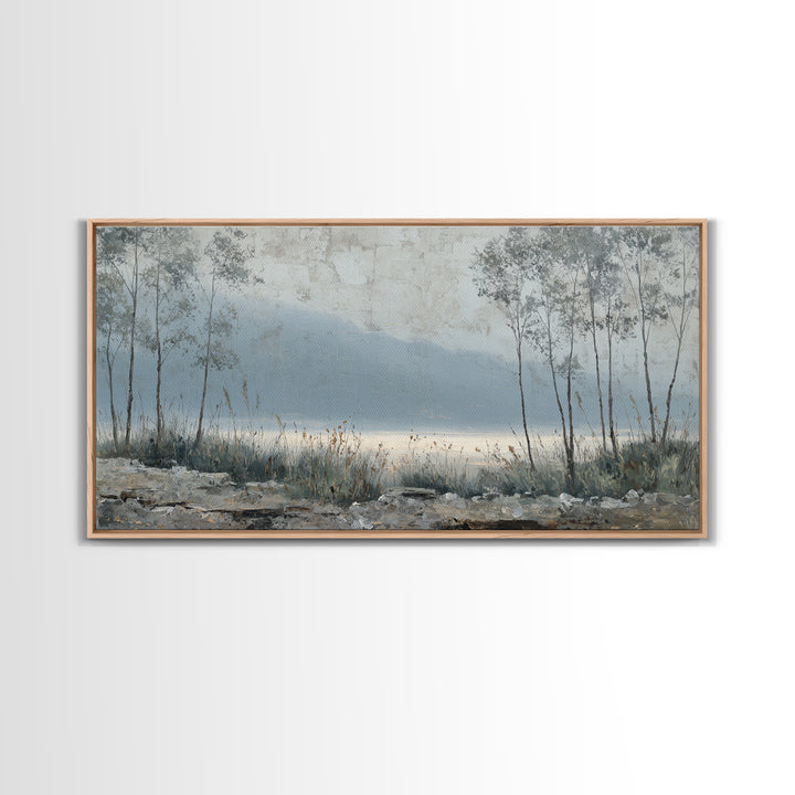 Moody Foggy Forest Framed Canvas Print, Black and White Art, Boho Decor, Living Room Decor, Monochrome, Halloween Decor, BAW-2x1-27