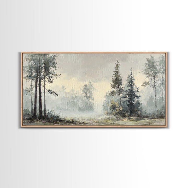 Moody Foggy Forest Framed Canvas Print, Black and White Art, Gothic Decor, Living Room Decor, Oil Painting, Monochrome, BAW-2x1-3