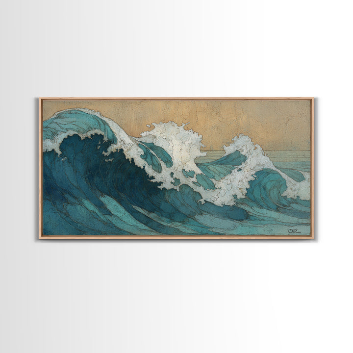 Stormy Ocean Wave Framed Canvas Print, Black and White Art, Minimalist Decor, Living Room Decor, Oil Painting, Monochrome, BAW-2x1-30