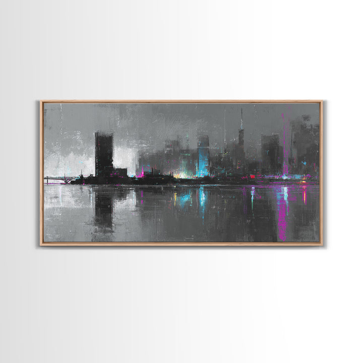 Monochrome City Skyline Reflected Canvas Print, Black and White Art, Living Room Decor, Abstract Art, Monochrome, BAW-2x1-31