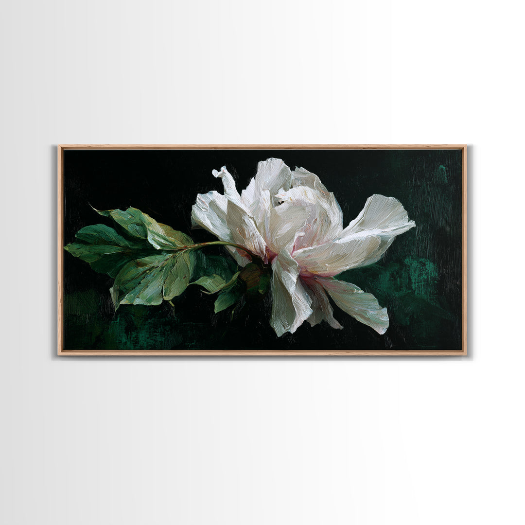 White Flower on Deep Black Background Canvas Print, Black and White Art, Wall Art, Living Room Decor, Watercolor Art, BAW-2x1-32