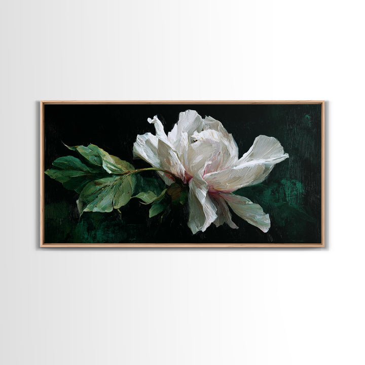 White Flower on Deep Black Background Canvas Print, Black and White Art, Wall Art, Living Room Decor, Watercolor Art, BAW-2x1-32