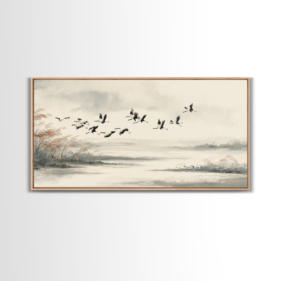 Black Ink Crane Flying Across Empty Sky Canvas Print, Black and White Art, Digital Prints, Living Room Decor, Monochrome, BAW-2x1-33