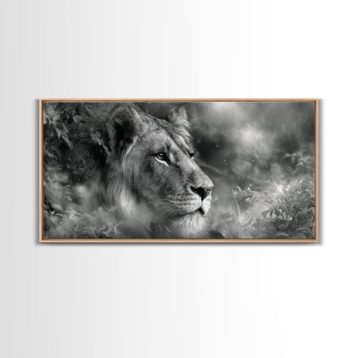 Dramatic Black and White Lion Portrait Canvas Print, Black and White Art, Halloween Decor, Living Room Decor, Monochrome, BAW-2x1-37