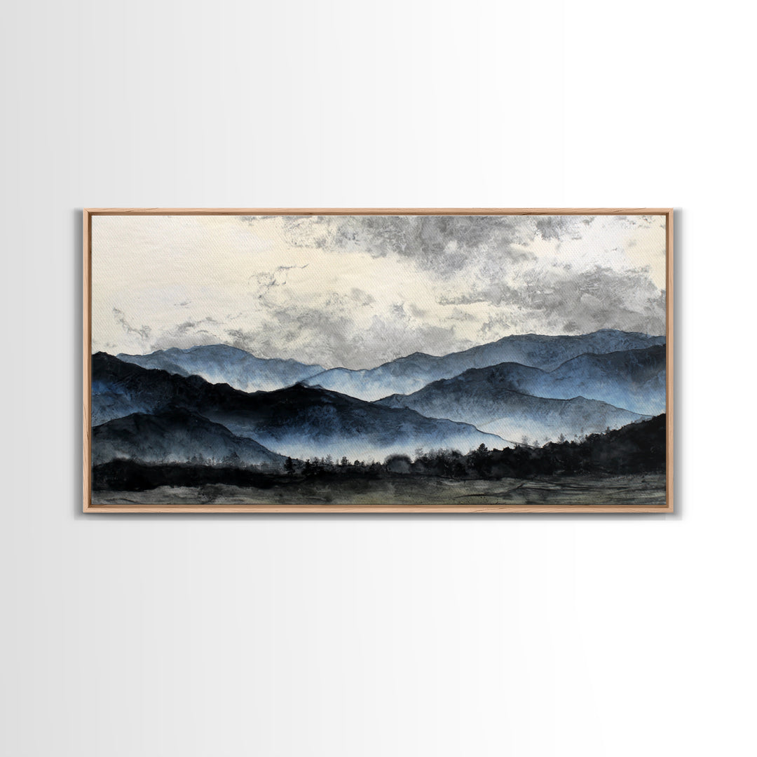 Black Ink Mountain Range Framed Canvas Print, Black and White Art, Art, Living Room Decor, Fine Art, Monochrome, Original Art, BAW-2x1-46