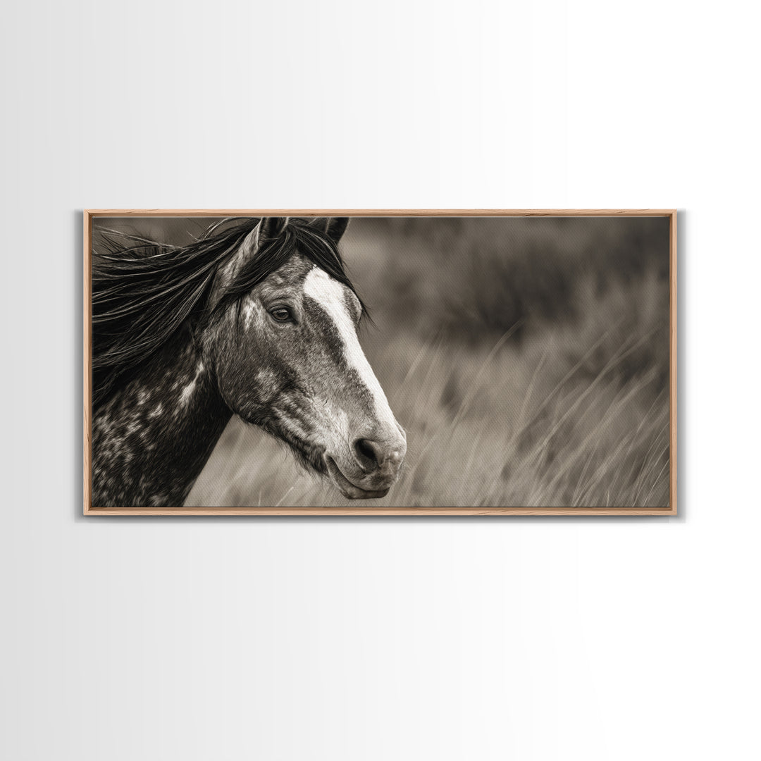 Black and White Wild Horse Portrait Canvas Print, Black and White Art, Large Wall Art, Living Room Decor, Fine Art, Monochrome, BAW-2x1-49