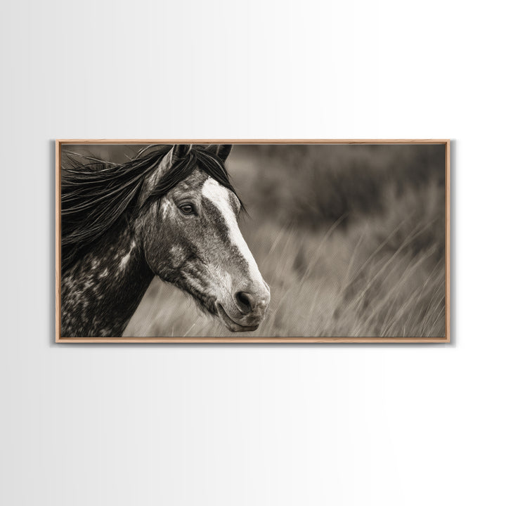 Black and White Wild Horse Portrait Canvas Print, Black and White Art, Large Wall Art, Living Room Decor, Fine Art, Monochrome, BAW-2x1-49