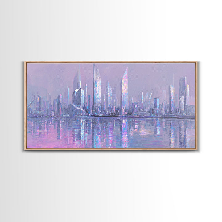 Monochrome City Skyline Reflected Framed Canvas Print, Black and White Art, Wood Wall Art, Living Room Decor, Monochrome, BAW-2x1-55