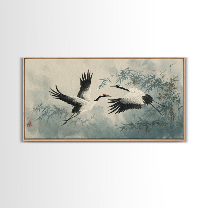 Black Ink Crane Flying Across Empty Sky Canvas Print, Black and White Art, Printable, Living Room Decor, Fine Art, Monochrome, BAW-2x1-57