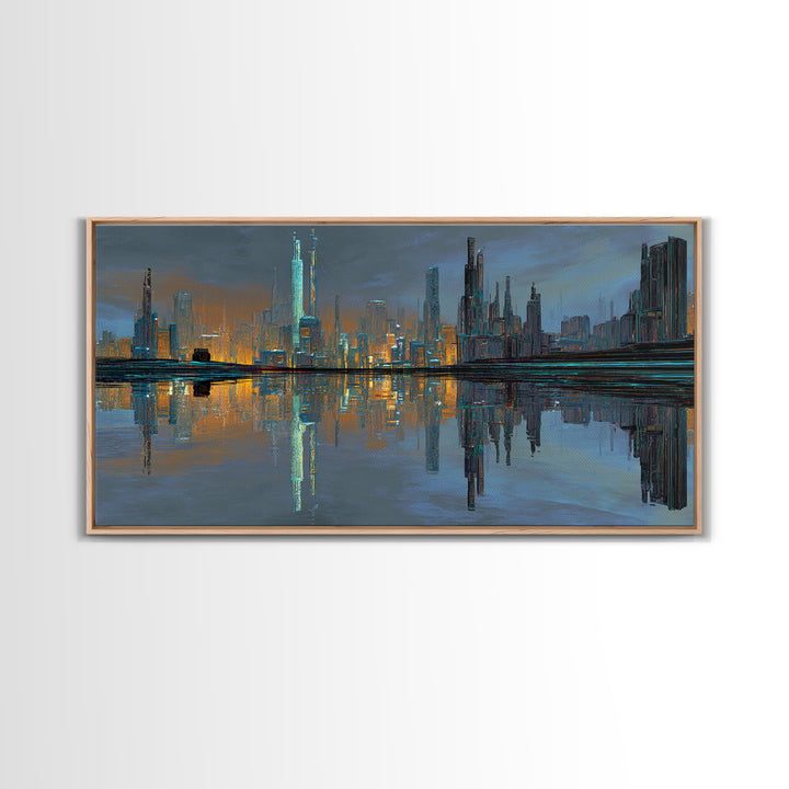 Monochrome City Skyline Reflected Framed Canvas Print, Black and White Art, Halloween Decor, Living Room Decor, Abstract Art, BAW-2x1-7