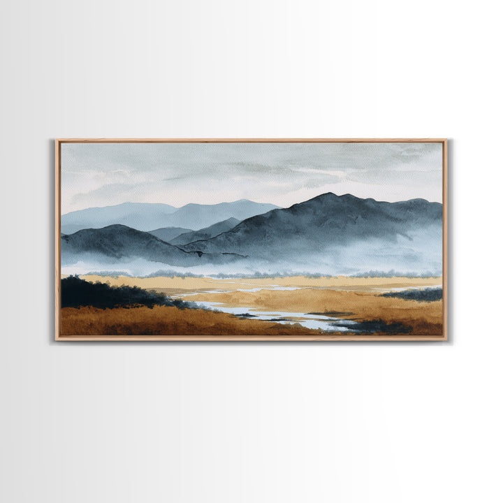 Black Ink Mountain Range Canvas Print, Black and White Art, Living Room Decor, Oil Painting, Monochrome, Abstract Wall Art, BAW-2x1-70