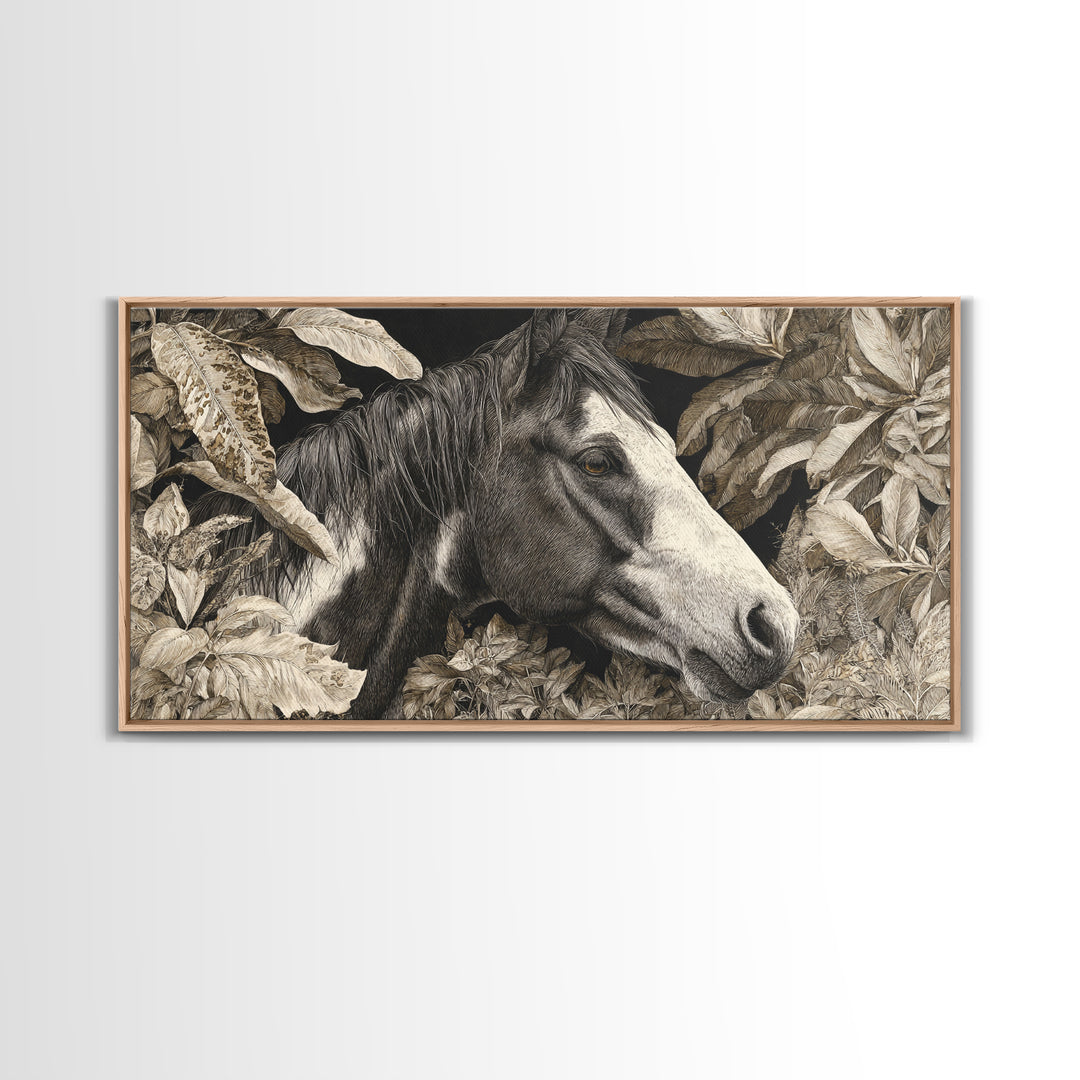 Black and White Wild Horse Portrait Canvas Print, Black and White Art, Large Wall Art, Living Room Decor, Fine Art, Monochrome, BAW-2x1-73